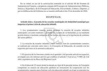Decreto Ley del Gobierno de Canarias de 23 de diciembre de 2020 autorizando la competencia municipal para las escuelas infantiles/TA.